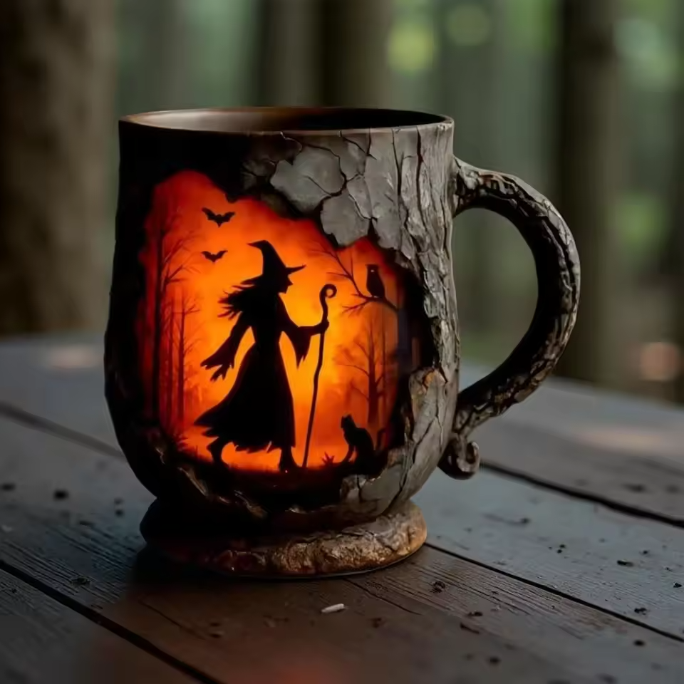 Caneca Artesanal em Relevo de Halloween – Design de Bruxa e Gato