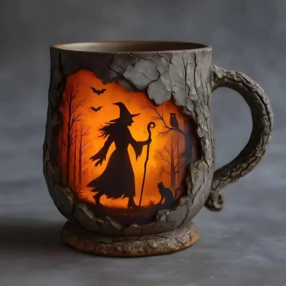 Caneca Artesanal em Relevo de Halloween – Design de Bruxa e Gato