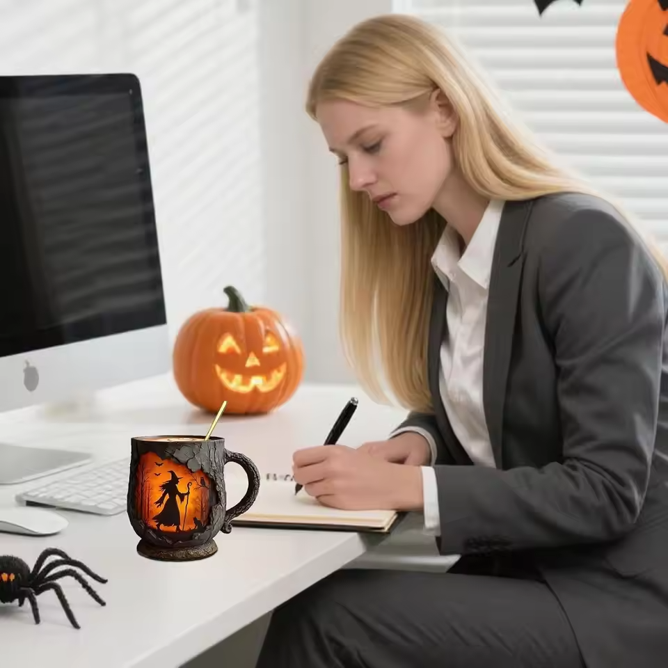 Caneca Artesanal em Relevo de Halloween – Design de Bruxa e Gato
