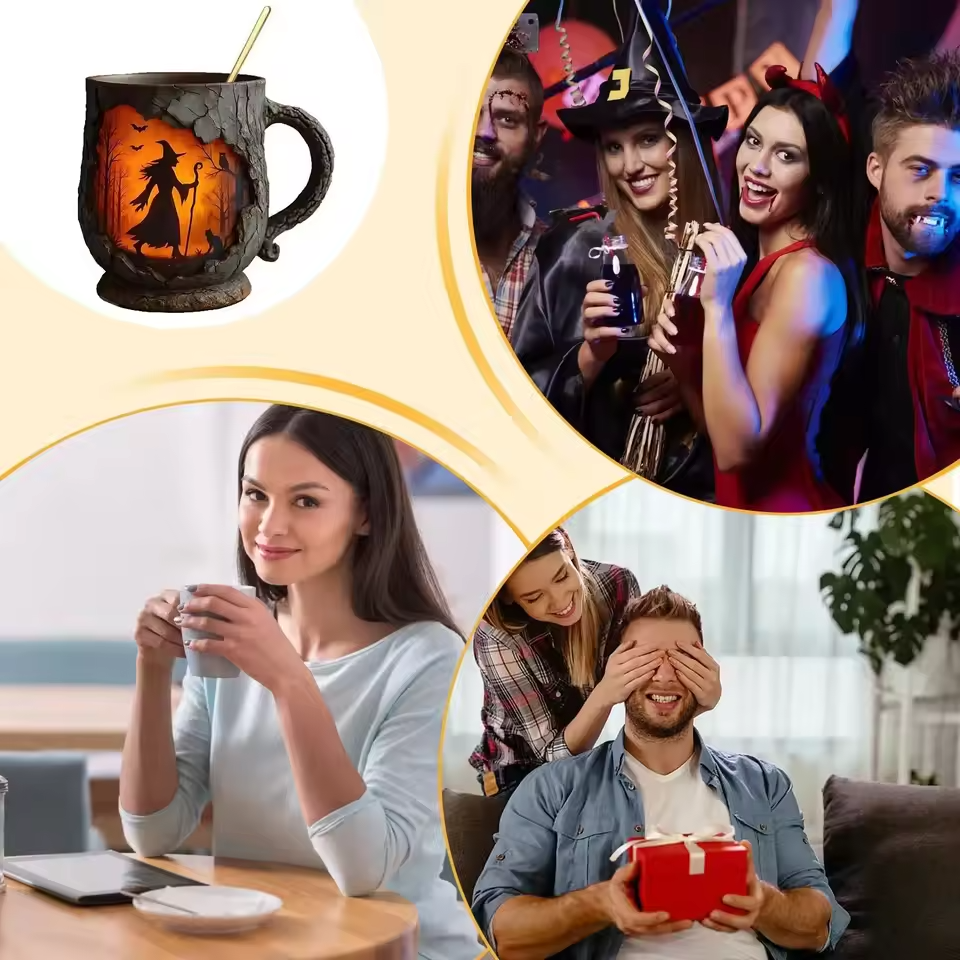 Caneca Artesanal em Relevo de Halloween – Design de Bruxa e Gato