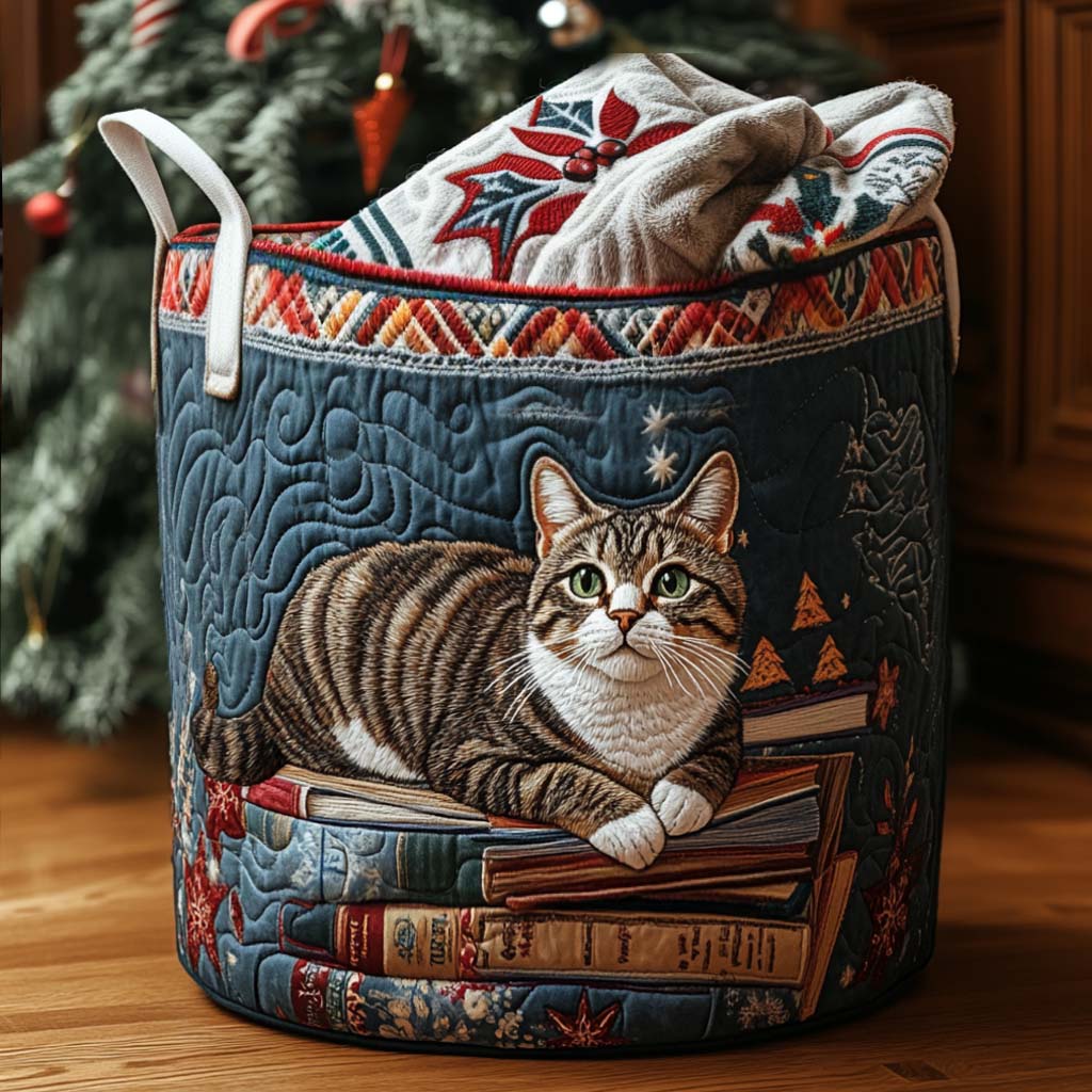 Cesto de Roupa Acolchoado – Gato de Conto de Natal