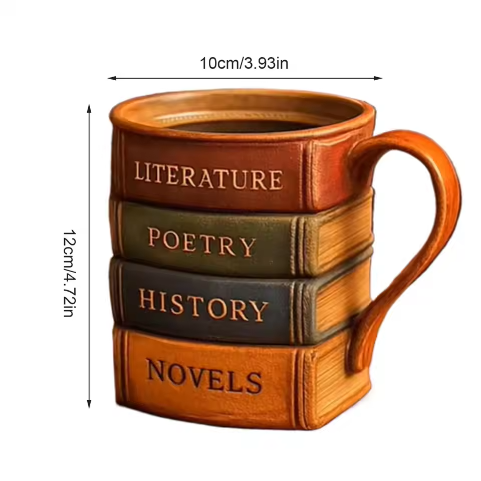 Caneca de Café Artesanal 3D – Tema Biblioteca, Refúgio do Leitor