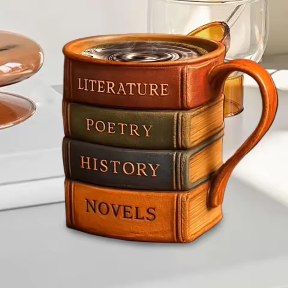 Caneca de Café Artesanal 3D – Tema Biblioteca, Refúgio do Leitor