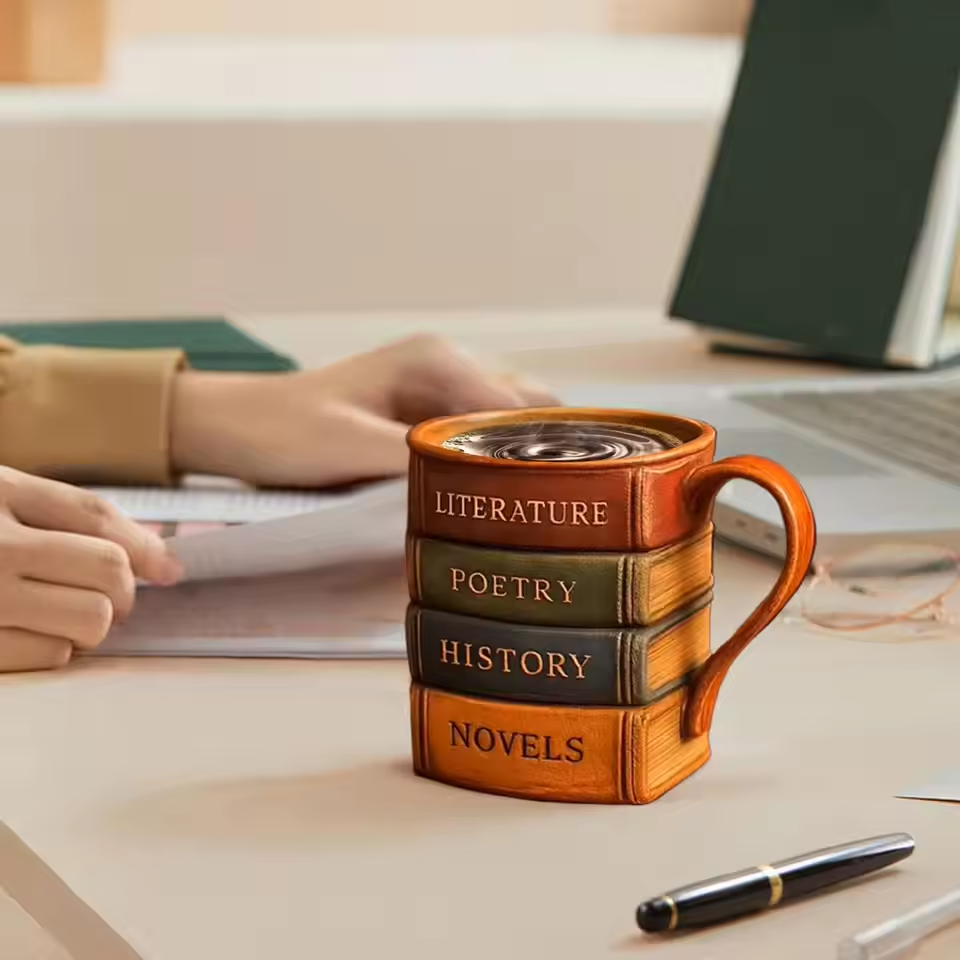 Caneca de Café Artesanal 3D – Tema Biblioteca, Refúgio do Leitor