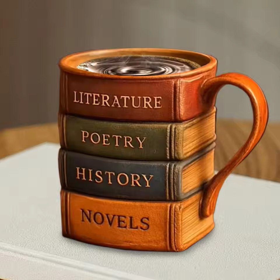 Caneca de Café Artesanal 3D – Tema Biblioteca, Refúgio do Leitor