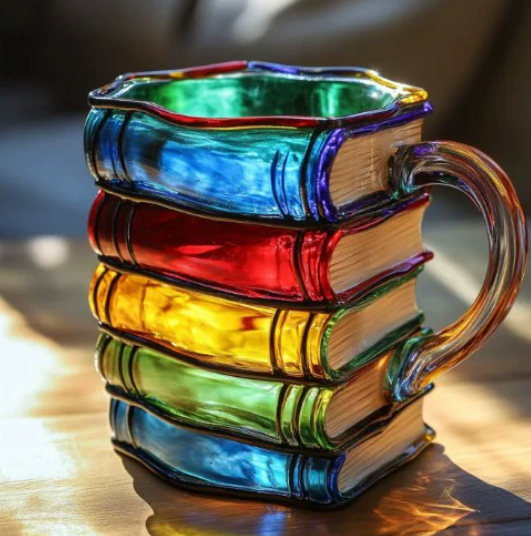 Caneca Artesanal Colorida com Design de Livros