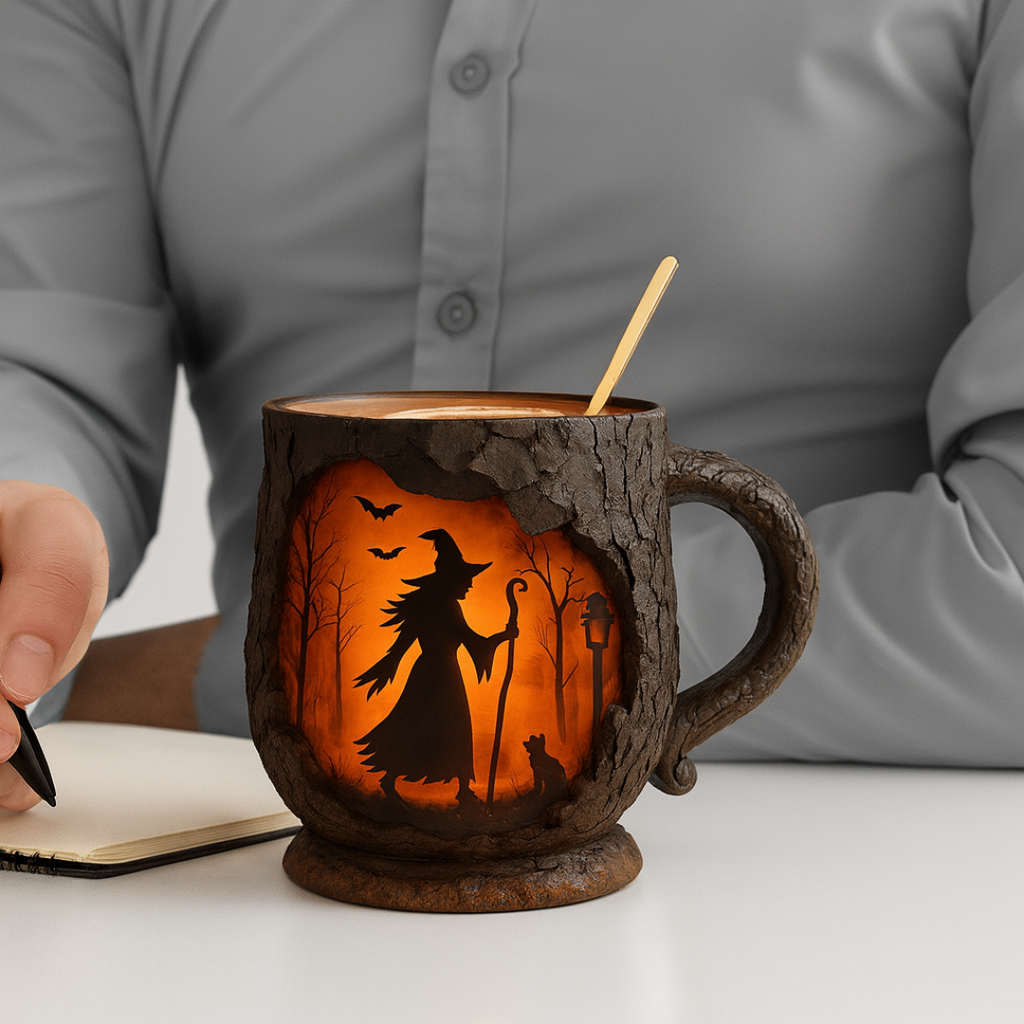 Caneca Artesanal em Relevo de Halloween – Design de Bruxa e Gato